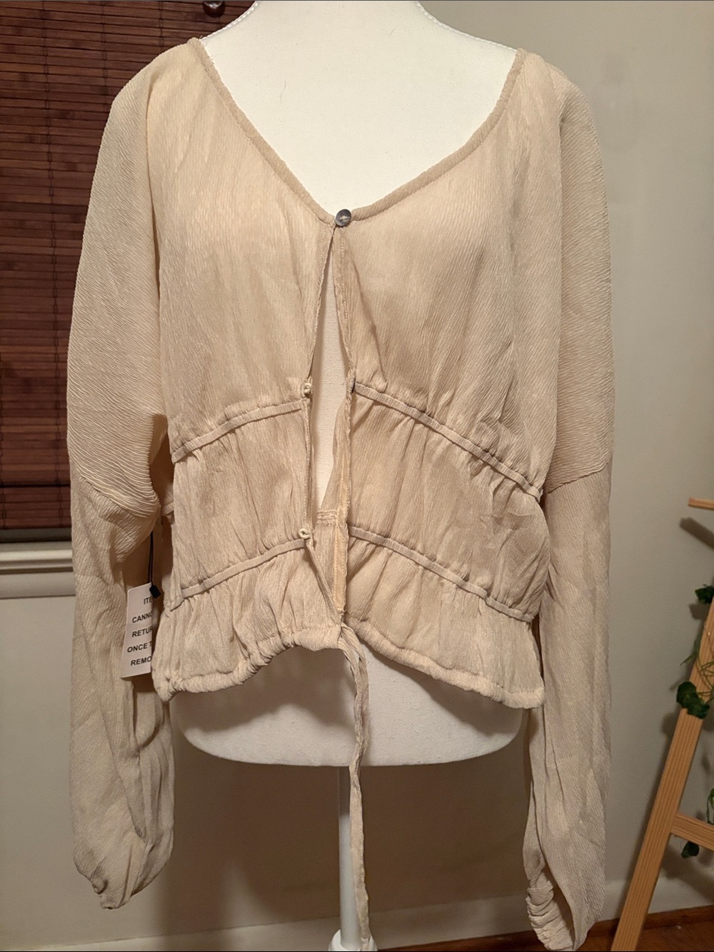Joyfolie Cream Tie-Front Textured Peasant Blouse